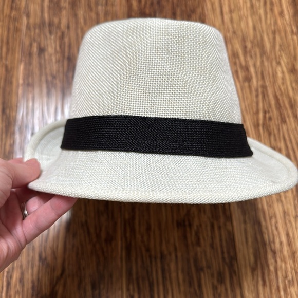 Vintage cream off-white black trim woven fabric fedora hat one size - Picture 3 of 13